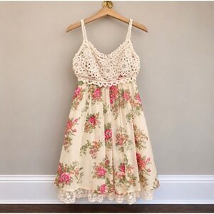 Cristina Floral Crochet Rhinestone Chiffon Babydoll Dress Cream Pink Medium